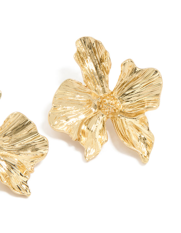 Gold Plated Organic Textured Flower Stud Earrings
