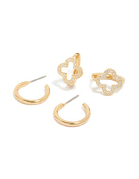 Gold Plated Cubic Zirconia Flower & Plain Huggie Earrings 2-Pack - link has visual effect only