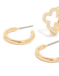 Gold Plated Cubic Zirconia Flower & Plain Huggie Earrings 2-Pack - link has visual effect only