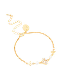 Gold Plated Cubic Zirconia Mixed Flower & Pearl Bracelet - link has visual effect only