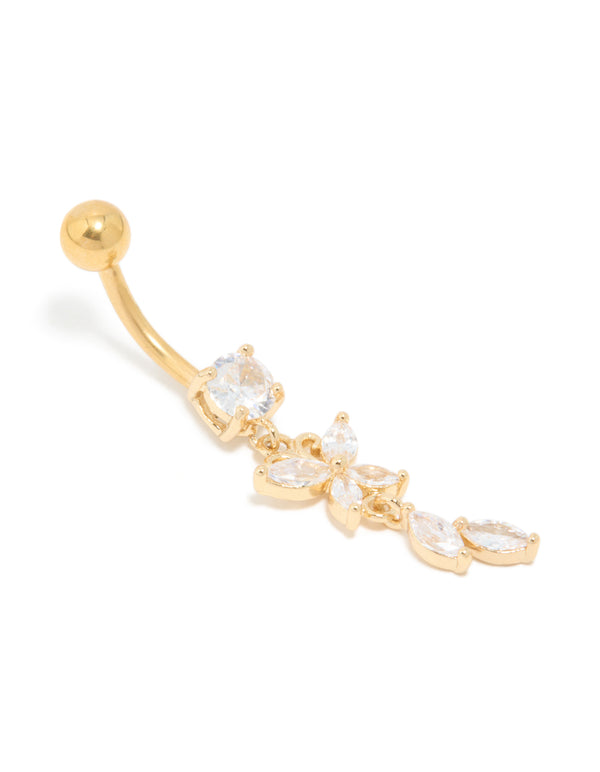 Gold Plated Surgical Steel Cubic Zirconia Butterfly & Leaf Drop Belly Bar
