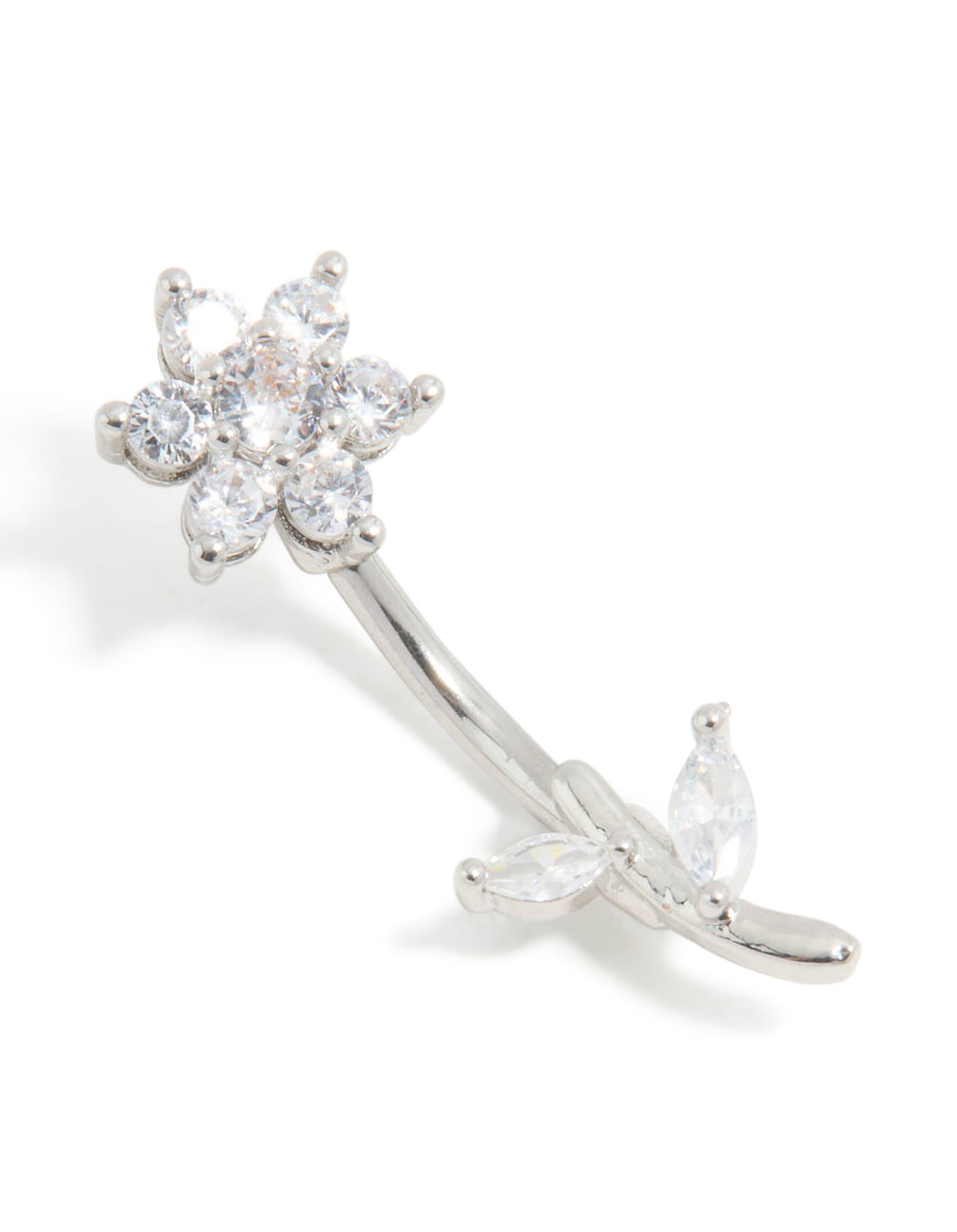 Showcasing a floral cubic zirconia surgical steel belly bar with thread-through design in silver front view