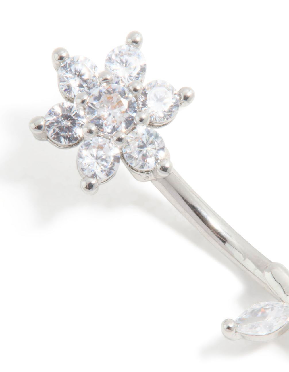 Featuring a floral cubic zirconia surgical steel belly bar with thread-through design and silver finish detail view