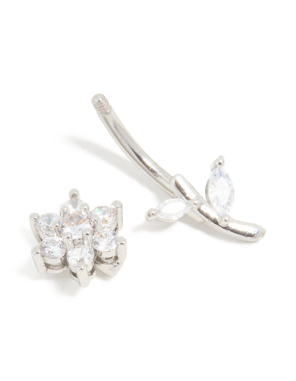 Surgical Steel Cubic Zirconia Flower Thread Through Belly Bar