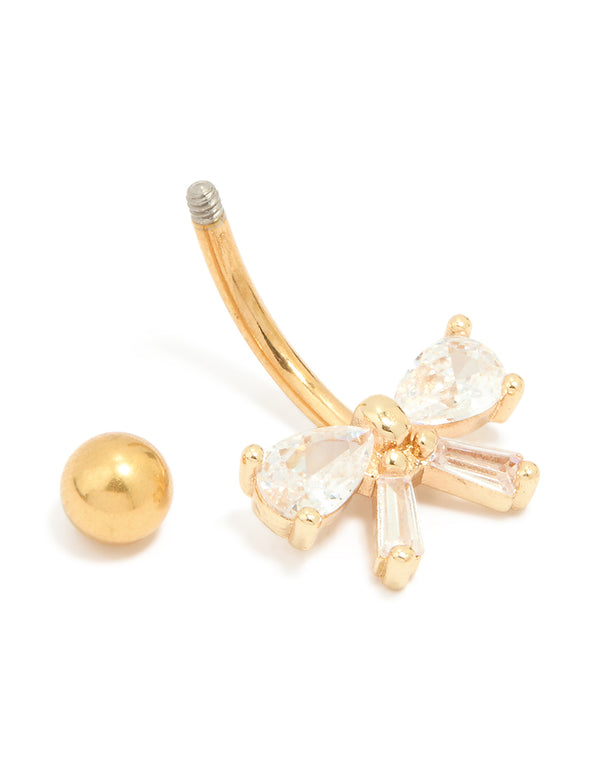 Gold Plated Titanium Cubic Zirconia Pear Bow Belly Bar