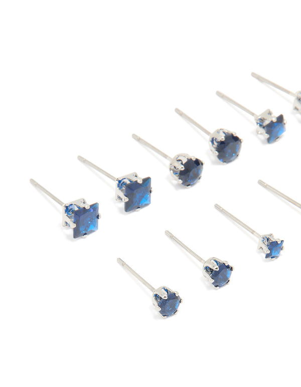Silver Blue Cubic Zirconia Classic Stud Earrings 6-Pack