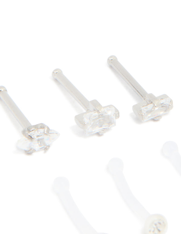 Surgical Steel Cubic Zirconia & Clear Nose Studs 6-Pack