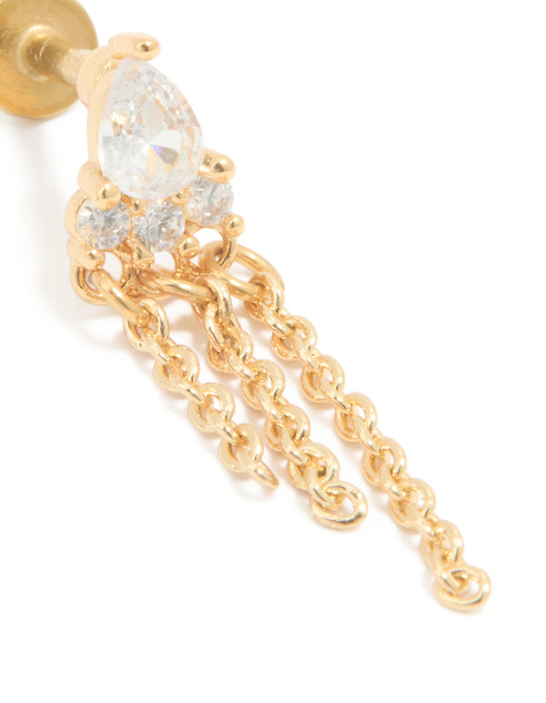 Gold Plated Surgical Steel Cubic Zirconia Tassel Flat Back Stud