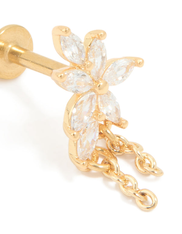Gold Plated Surgical Steel Cubic Zirconia Leaf Chain Flat Back Stud