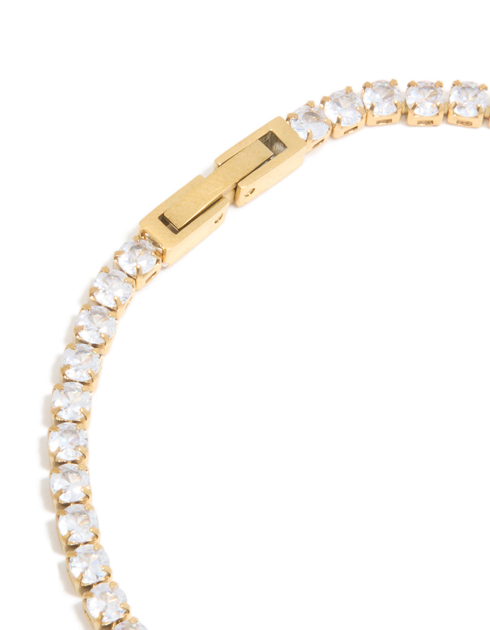 Designed with a waterproof gold plated stainless steel cubic zirconia tennis bracelet closure detail view