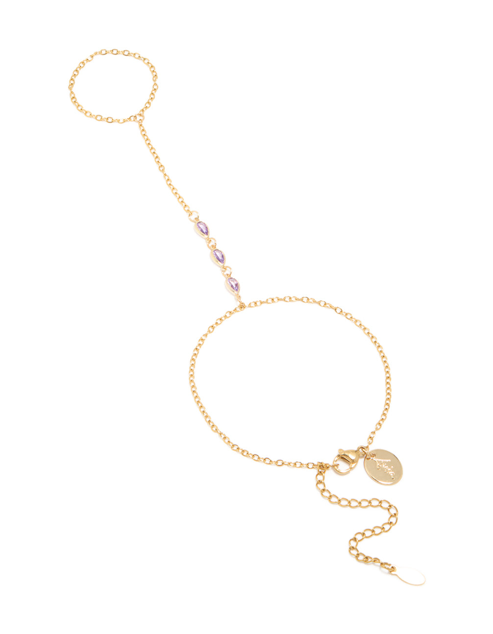 Showcasing a waterproof gold plated stainless steel cubic zirconia hand chain bracelet in gold front view