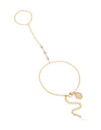 Showcasing a waterproof gold plated stainless steel cubic zirconia hand chain bracelet in gold front view - link has visual effect only