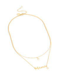 Waterproof Gold Plated Stainless Steel Mama & Cubic Zirconia Pendant Necklaces 2-Pack - link has visual effect only