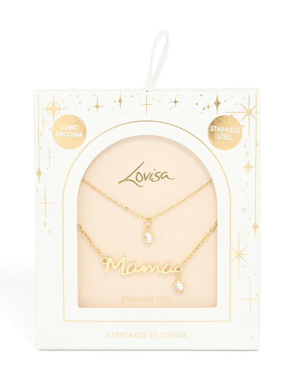 Waterproof Gold Plated Stainless Steel Mama & Cubic Zirconia Pendant Necklaces 2-Pack