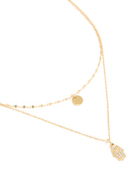 Waterproof Gold Plated Stainless Steel Cubic Zirconia Hamsa Hand & Disc Layered Necklace - link has visual effect only