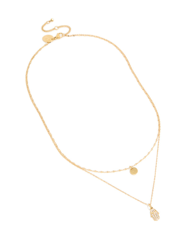Waterproof Gold Plated Stainless Steel Cubic Zirconia Hamsa Hand & Disc Layered Necklace