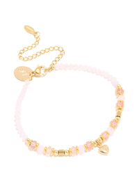 Waterproof Gold Plated Stainless Steel Rose Quartz Semi-Precious Stone Beaded & Mini Heart Bracelet - link has visual effect only