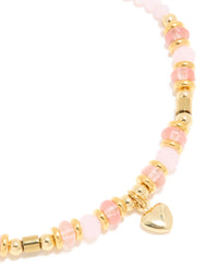 Waterproof Gold Plated Stainless Steel Rose Quartz Semi-Precious Stone Beaded & Mini Heart Bracelet - link has visual effect only