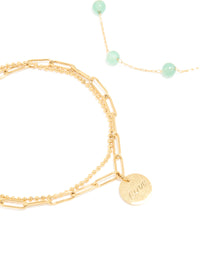 Waterproof Gold Plated Stainless Steel Green Semi Precious Stone & Love Bracelet 2-Pack - link has visual effect only