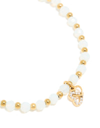 Waterproof Gold Plated Stainless Steel Clear Quartz Semi Precious Stone & Heart Link Chain Bracelet - link has visual effect only