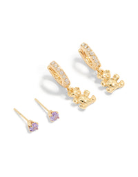 Gold Plated Purple Cubic Zirconia Dainty Bow & Stud Earrings 3-Pack - link has visual effect only