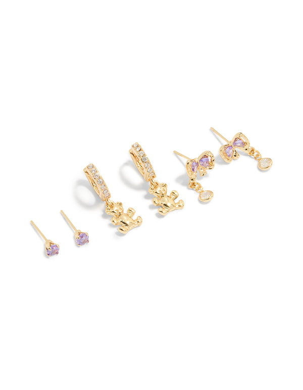 Gold Plated Purple Cubic Zirconia Dainty Bow & Stud Earrings 3-Pack