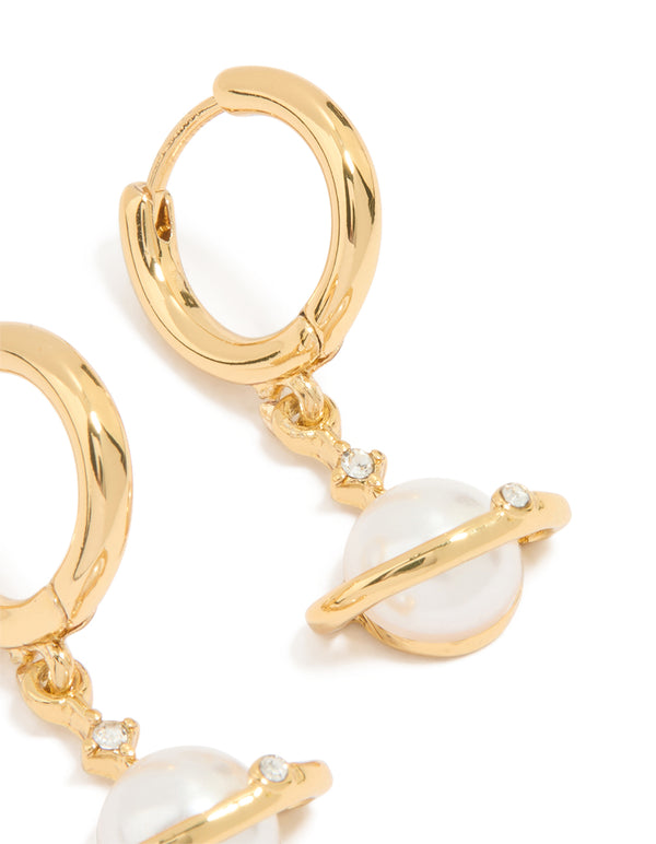 Gold Plated Pearl Planet Mini Earrings