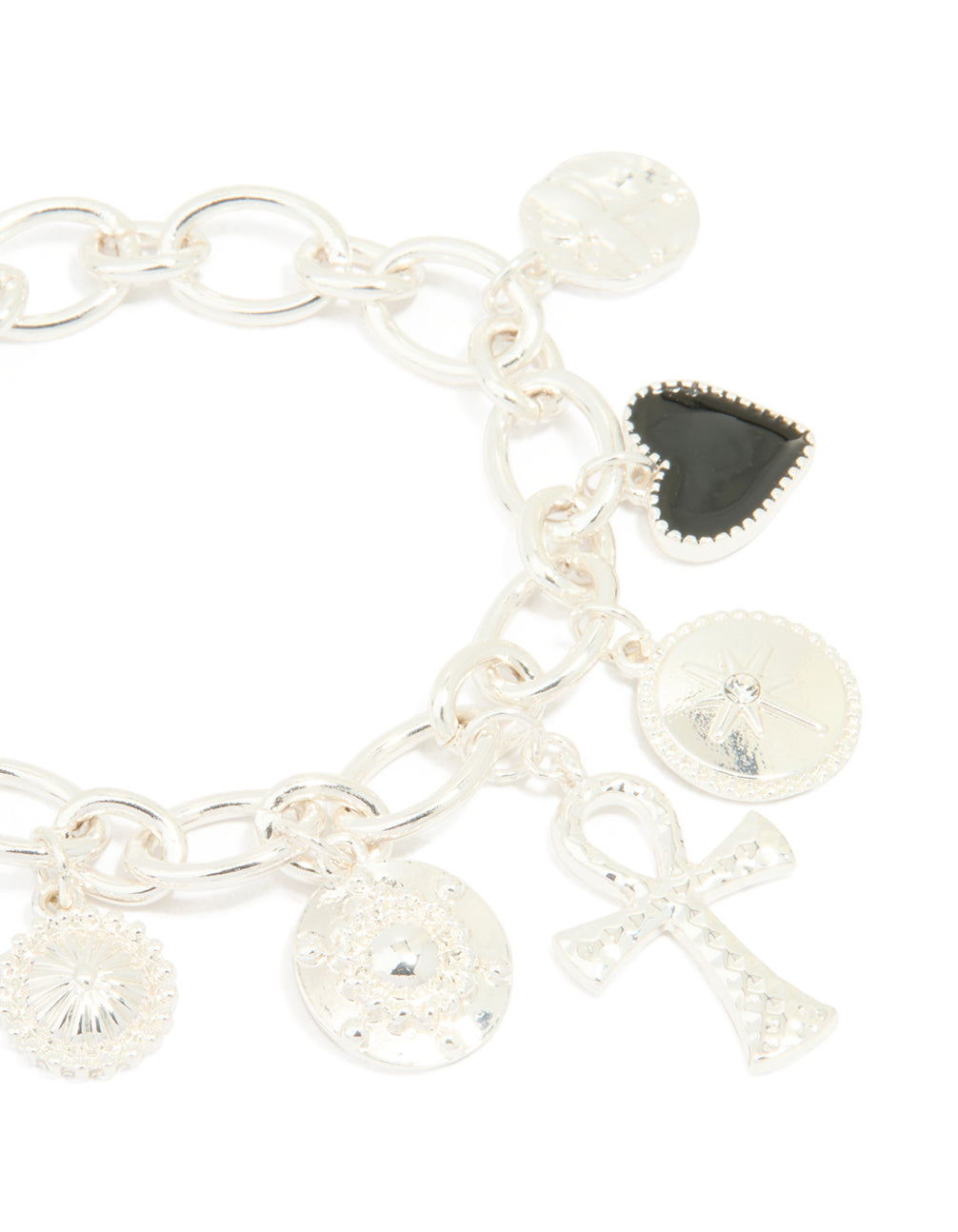 Silver Plated Chunky Cross & Black Charm Charm Bracelet