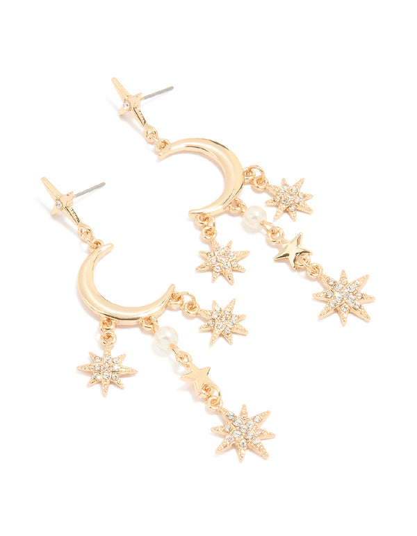 Gold Diamante & Pearl Moon Drop Earrings