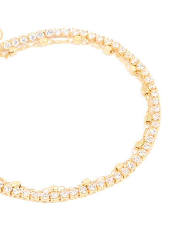 Gold Diamante Cup Chain & Chain Layered Bracelet