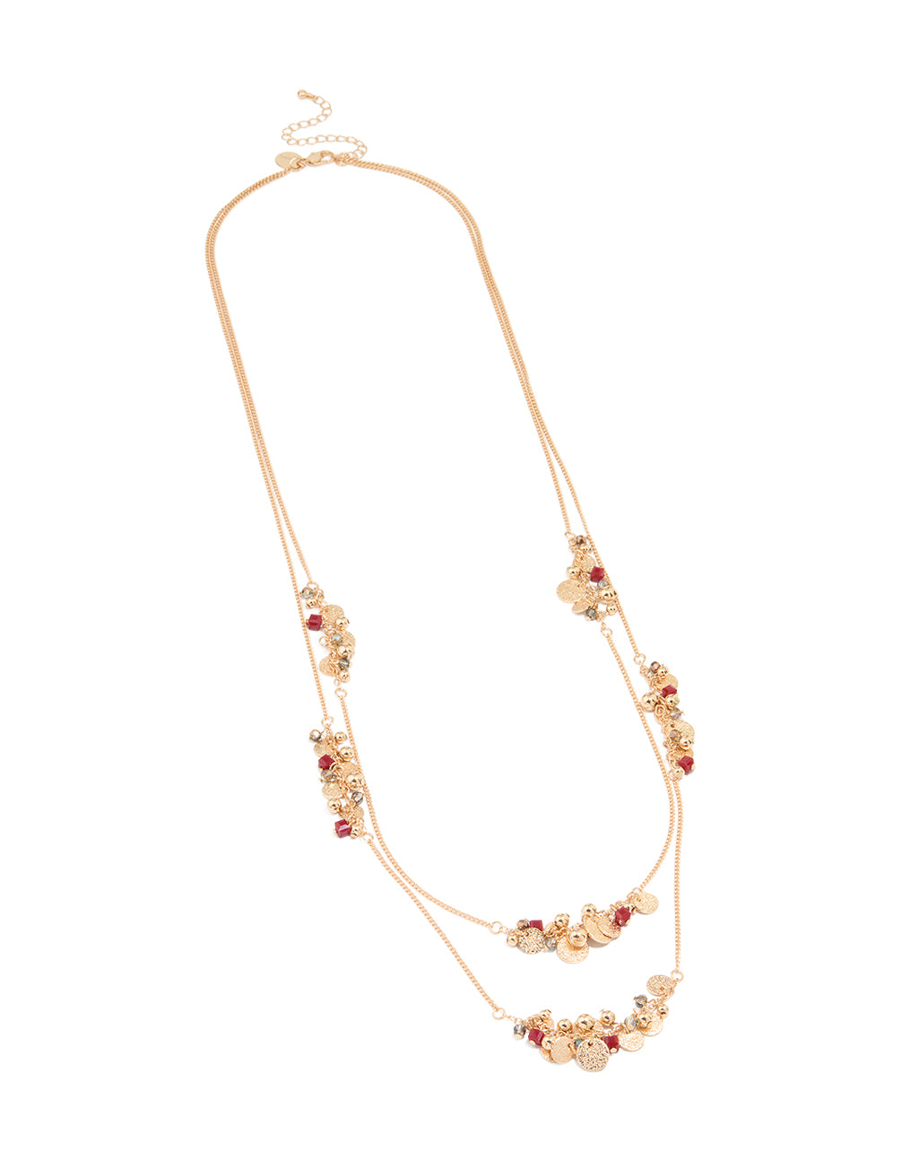 Gold Red Beaded & Coin Layered Necklace