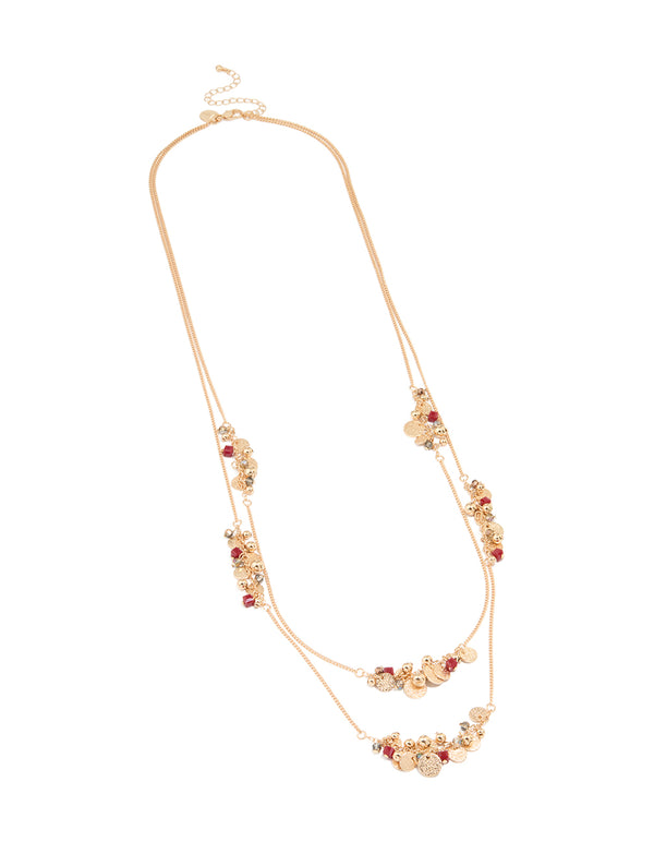 Gold Red Beaded & Coin Layered Necklace
