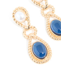 Gold Pearl & Blue Stone Textured Twisted Drop Earrings - link has visual effect only