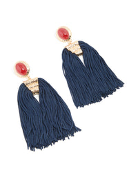 Gold Red Stone & Dark Blue Tassel Earrings - link has visual effect only