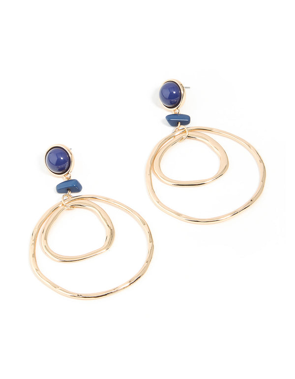 Gold Blue Stone Double Hoop Earrings