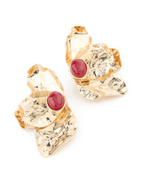 Gold Textured Flower Red Bead Stud Earrings - link has visual effect only