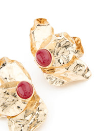 Gold Textured Flower Red Bead Stud Earrings - link has visual effect only