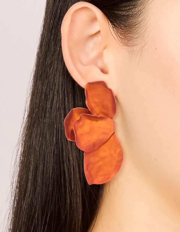Orange Coated Metal Flower Petal Drop Earrings