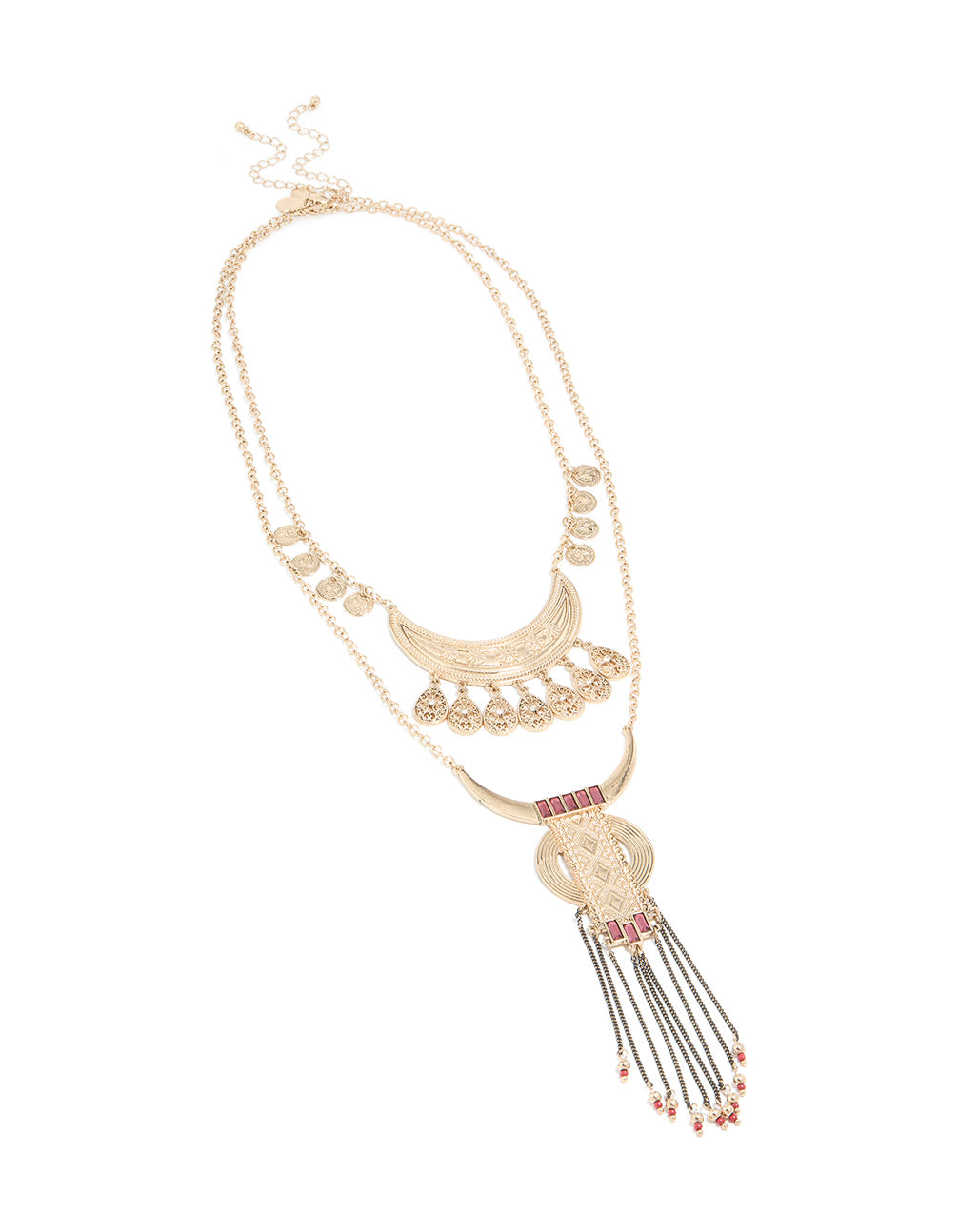 Antique Gold Red Beaded Patterned Necklace