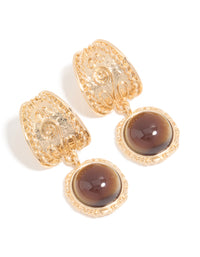 Gold Brown Stone Textured Drop Earrings - link has visual effect only