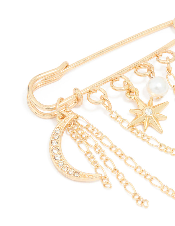 Gold Celestial Chain Drop Pin Brooch