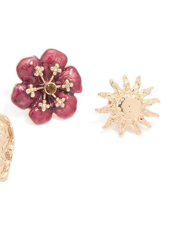 Gold Textured Heart & Flower Brooches 3-Pack