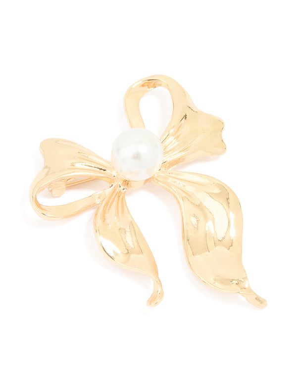 Gold Pearl Center Bow Brooch