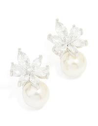 Silver Cubic Zirconia Flower Pearl Drop Earrings - link has visual effect only