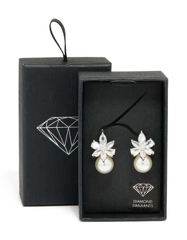 Silver Cubic Zirconia Flower Pearl Drop Earrings