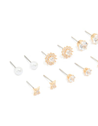 Gold Diamante Mixed Shaped Stud Earrings 6-Pack - link has visual effect only