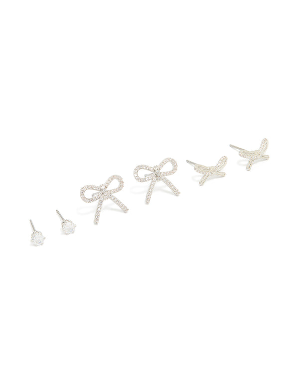 Silver Bow & Classic Stud Earrings 3-Pack