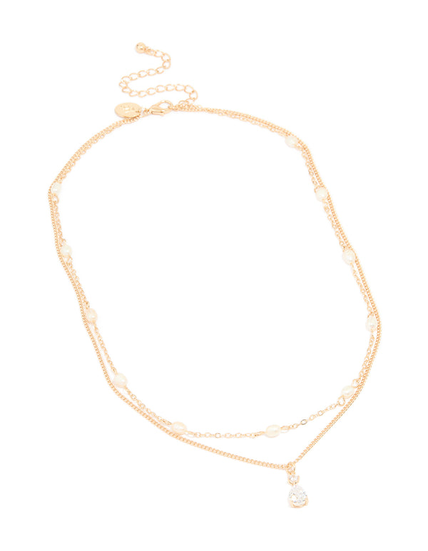 Gold Plated Freshwater Pearl & Diamante Layered Necklace