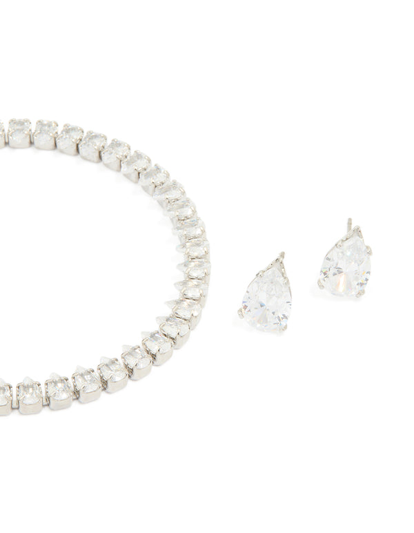 Silver Cubic Zirconia Earrings & Tennis Bracelet Set