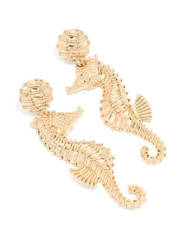Gold Ribbed Seahorse Earrings